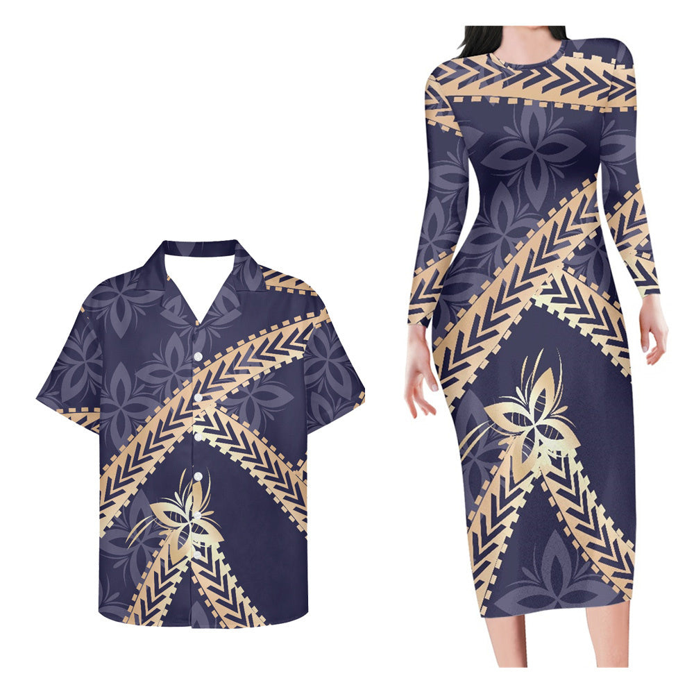 Matching Outfit For Couples Polynesian Tribal Pattern Curve Long Sleeve Bodycon Dress And Hawaii Shirt