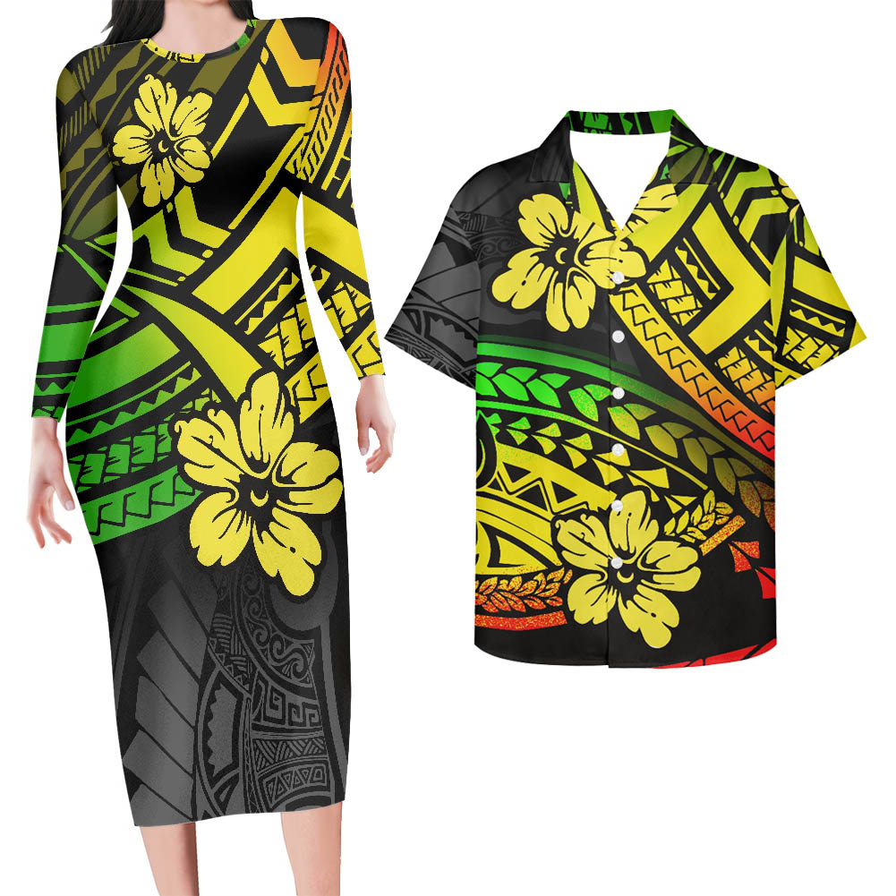Hawaii Matching Outfit For Couples Hawaii Yellow Flowers Tattoo Pattern Bodycon Dress And Hawaii Shirt