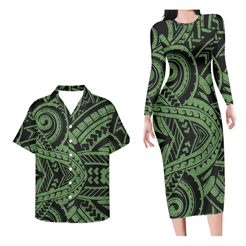 Matching Outfit For Couples Polynesian Tribal Green Pattern Long Sleeve Bodycon Dress And Hawaii Shirt