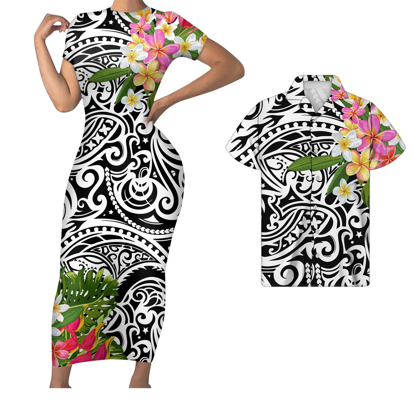 Polynesian Hawaii White Matching Outfit For Couples Polynesian Tribal Pattern Combine Plumeria Flower Bodycon Dress And Hawaii Shirt