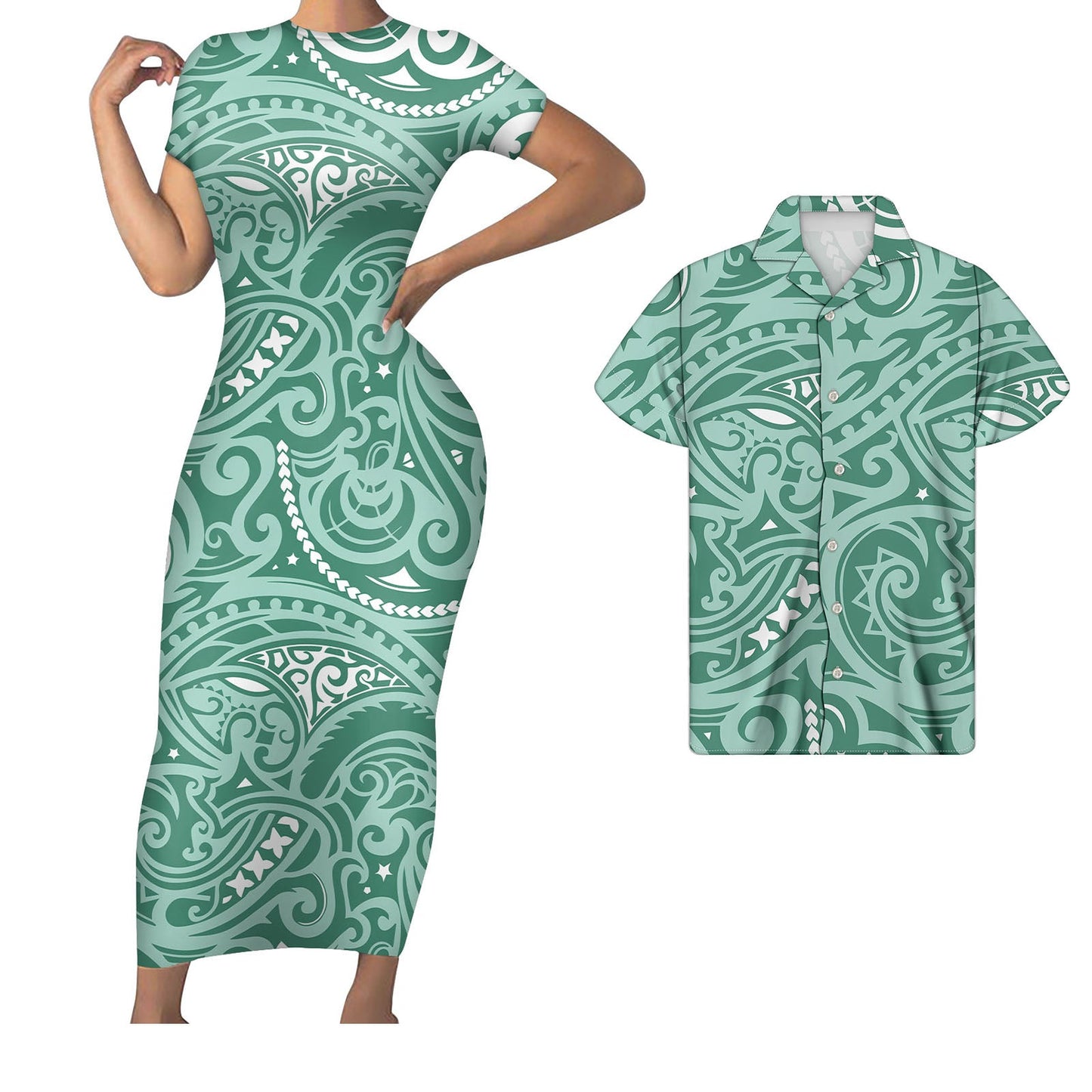 Polynesian His And Her Hawaii Matching Outfit For Couples Polynesian Tribal Pattern Bodycon Dress And Hawaii Shirt