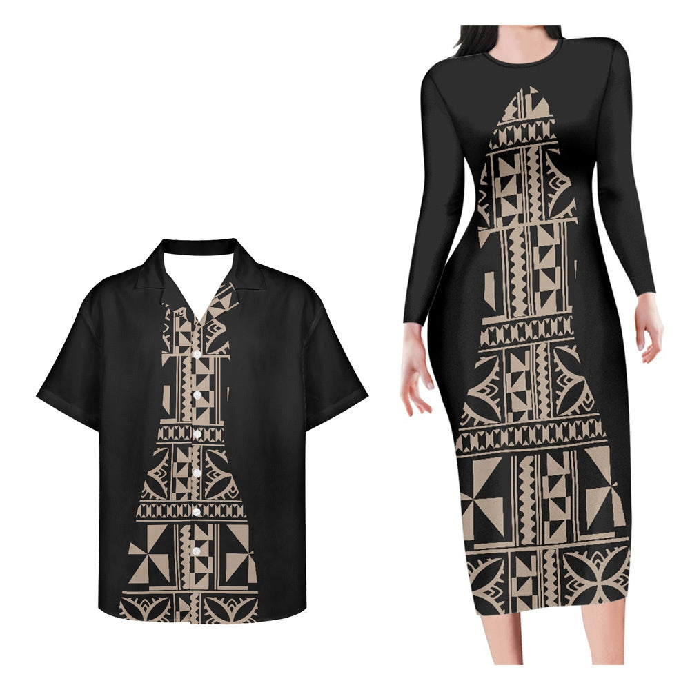 Matching Clothes For Couples Polynesian Tribal Black Bodycon Dress And Hawaii Shirt