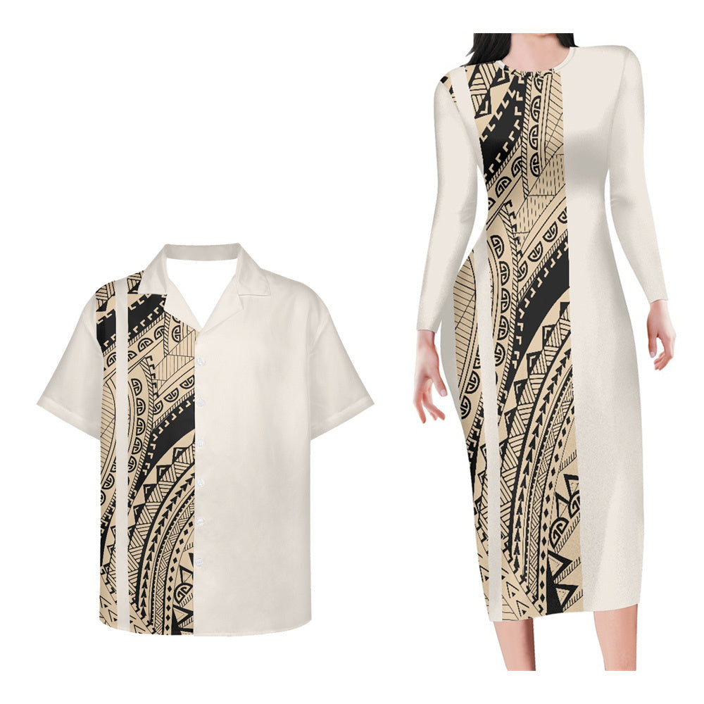 Matching Outfit For Couples Polynesian Tattoo Pattern Haft Style Bodycon Dress And Black Hawaii Shirt