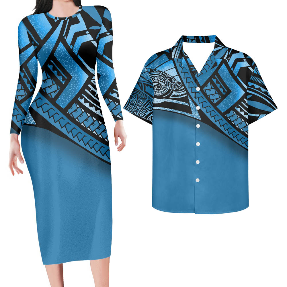 Hawaii His And Her Matching Outfit For Couples Polynesian Tribal Pattern Blue Bodycon Dress And Hawaii Shirt