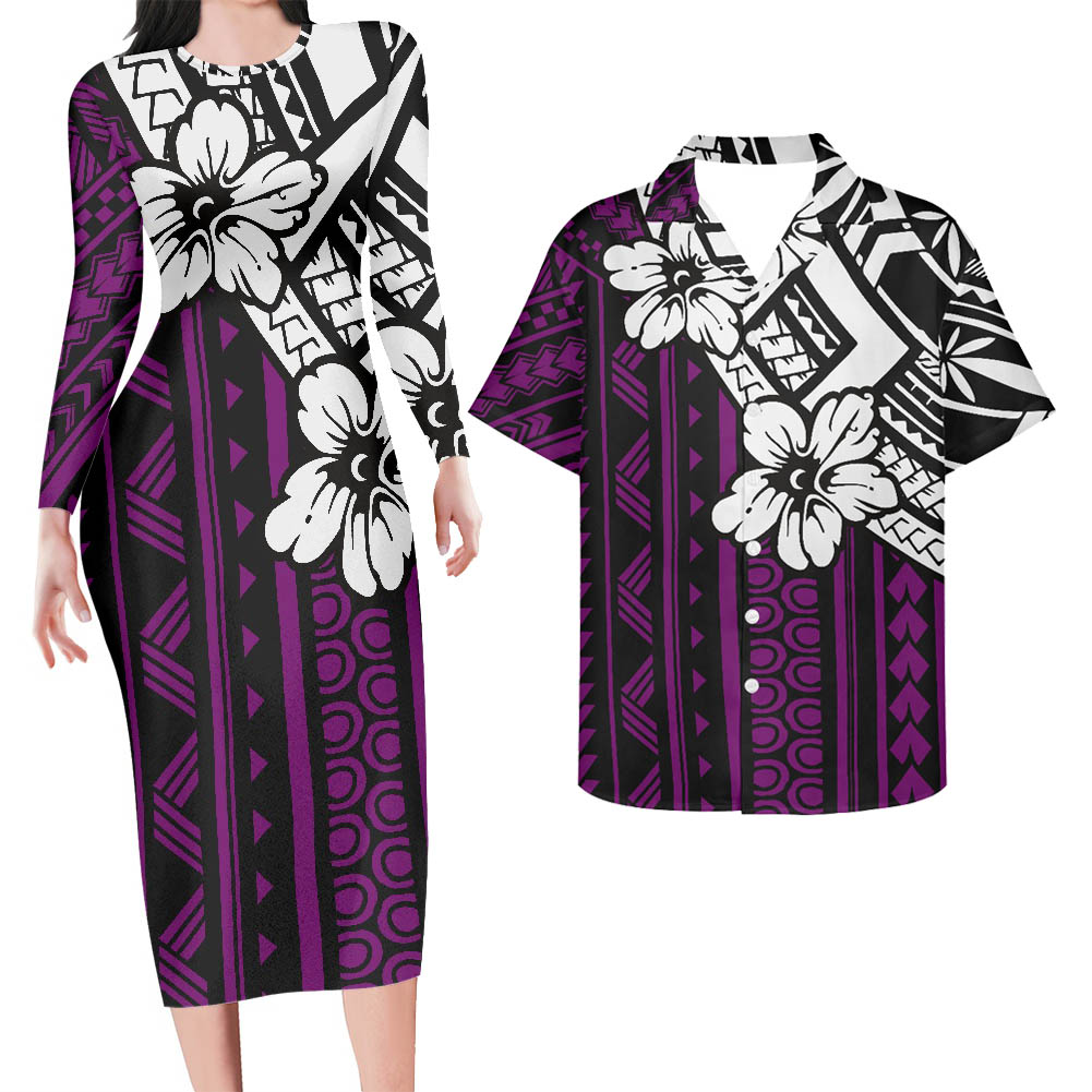 Hawaii Matching Outfit For Couples Hawaii Floral Purple Bodycon Dress And Hawaii Shirt