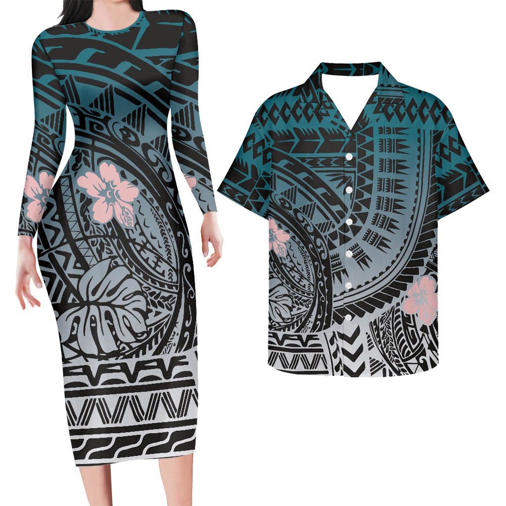 Hawaii Matching Outfit For Couples Hawaii Flower And Leaf Pattern Bodycon Dress And Hawaii Shirt