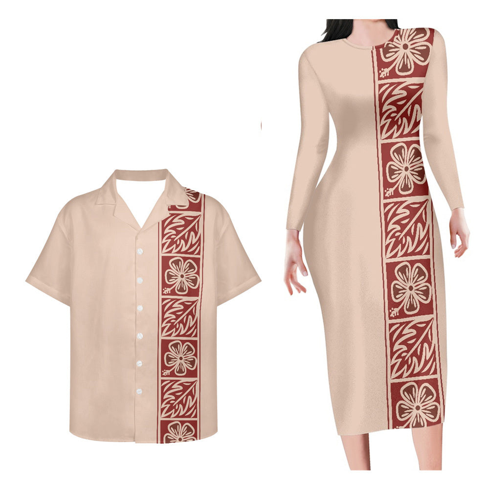 Hawaii Matching Outfit For Couples Polynesian Tribal Pattern Long Sleeve Bodycon Dress And Hawaii Shirt