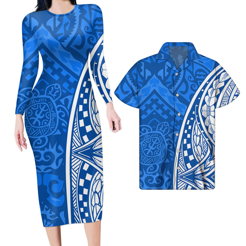 Hawaii Pattern Matching Outfit For Couples Blue Curve Long Sleeve Bodycon Dress And Hawaii Shirt