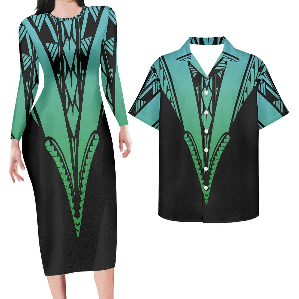 Hawaii Matching Outfit For Couples Polynesian Tribal Pattern V Style Blue Bodycon Dress And Hawaii Shirt