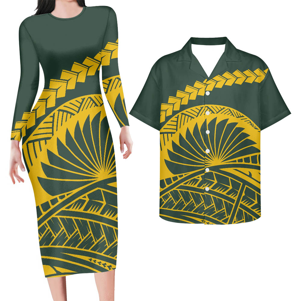 Hawaii Matching Outfit For Couples Yellow Polynesian Tribal Pattern Bodycon Dress And Hawaii Shirt