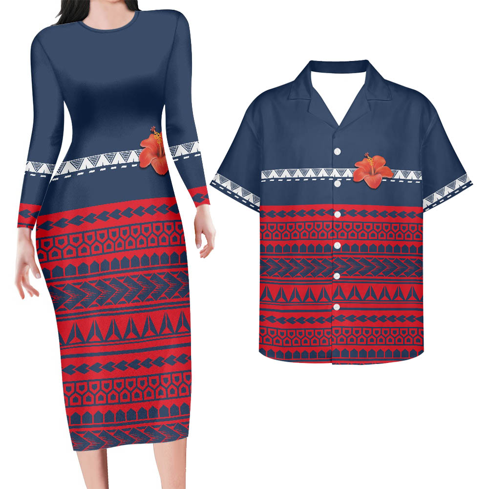 Hawaii Matching Outfit For Couples Hawaii Hibicus Blue Bodycon Dress And Hawaii Shirt