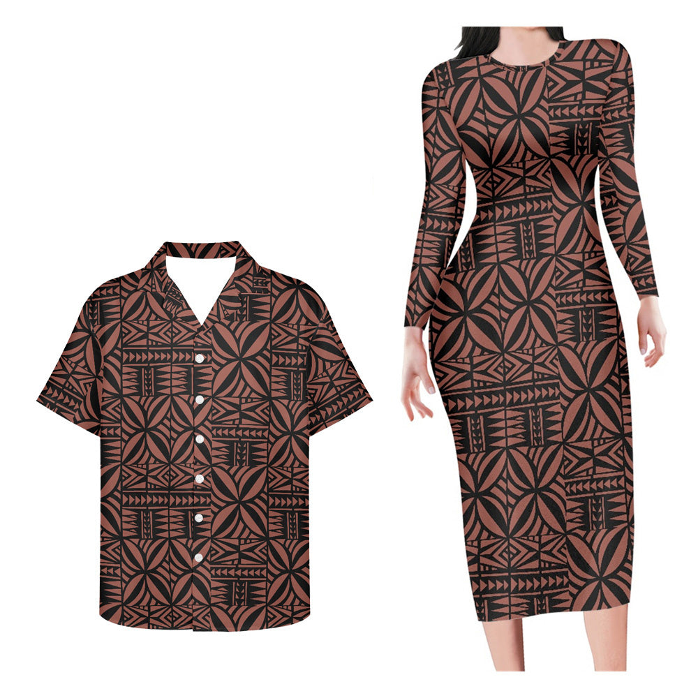 Matching Outfit For Couples Polynesian Tribal Pattern Brown Bodycon Dress And Hawaii Shirt
