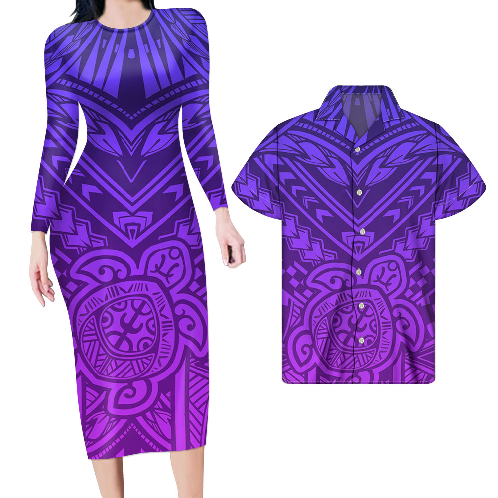 Hawaii Matching Outfit For Couples Polynesian Tattoo Turtle Hawaii Bodycon Dress And Black Hawaii Shirt