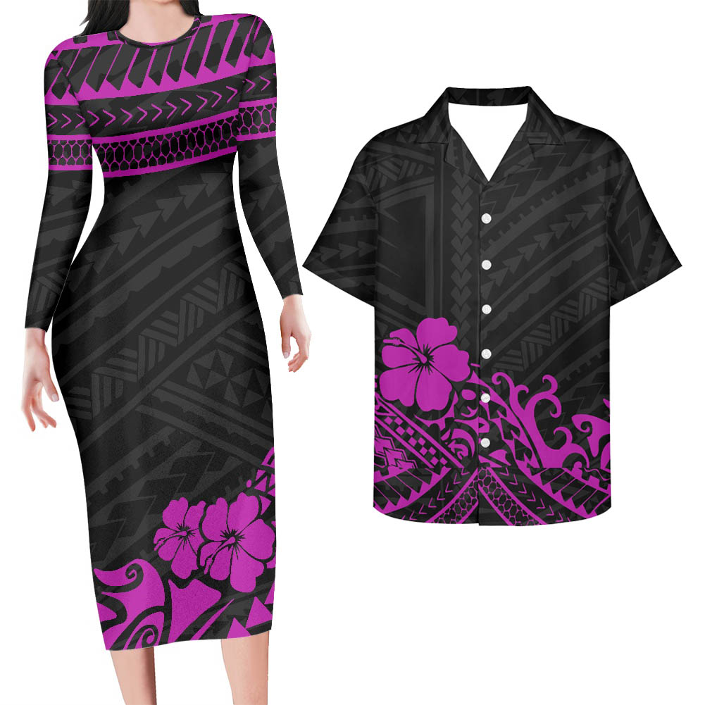 Matching Outfit For Couples Hawaii Flowers Pink Long Sleeve Bodycon Dress And Hawaii Shirt