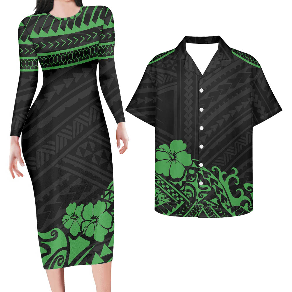 Matching Outfit For Couples Polynesian Hawaii Flowers Green Bodycon Dress And Black Hawaii Shirt