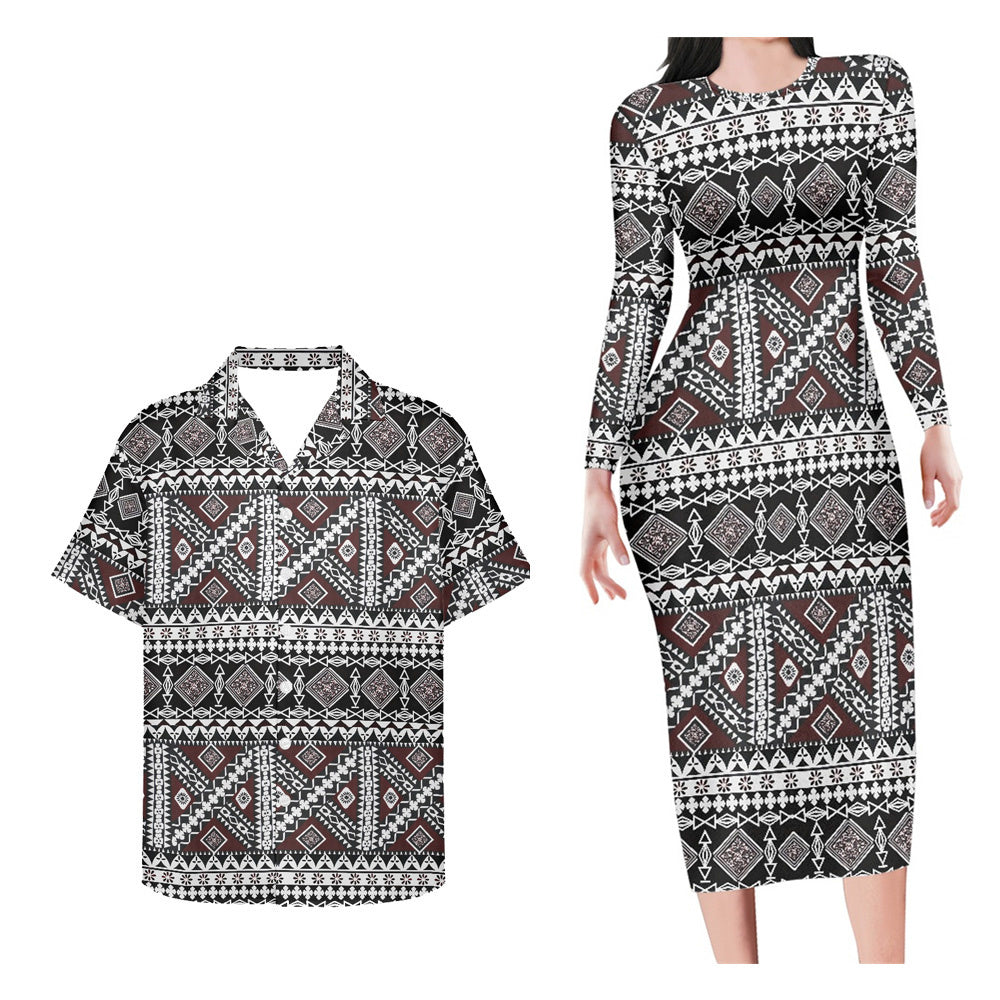 Hawaii Matching Outfit For Couples Polynesian Tribal Bodycon Dress And Black Hawaii Shirt