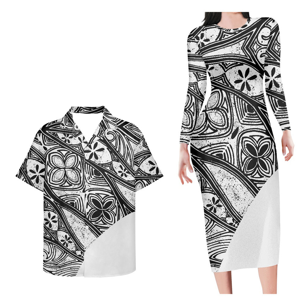 Matching Outfit For Couples Polynesian Tribal Black White Pattern Bodycon Dress And Hawaii Shirt