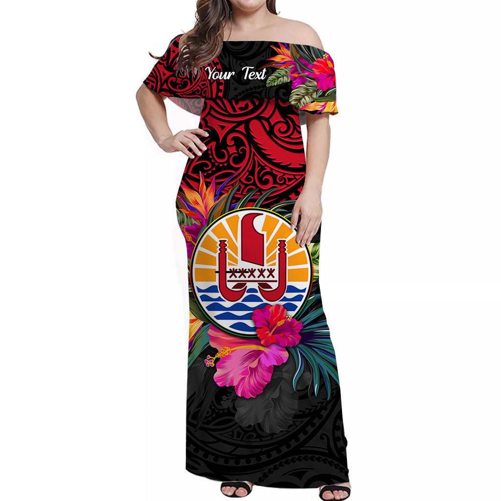Custom Personalised Tahiti Off Shoulder Long Dress Alluring Polynesia and Tropical Flowers French Polynesia