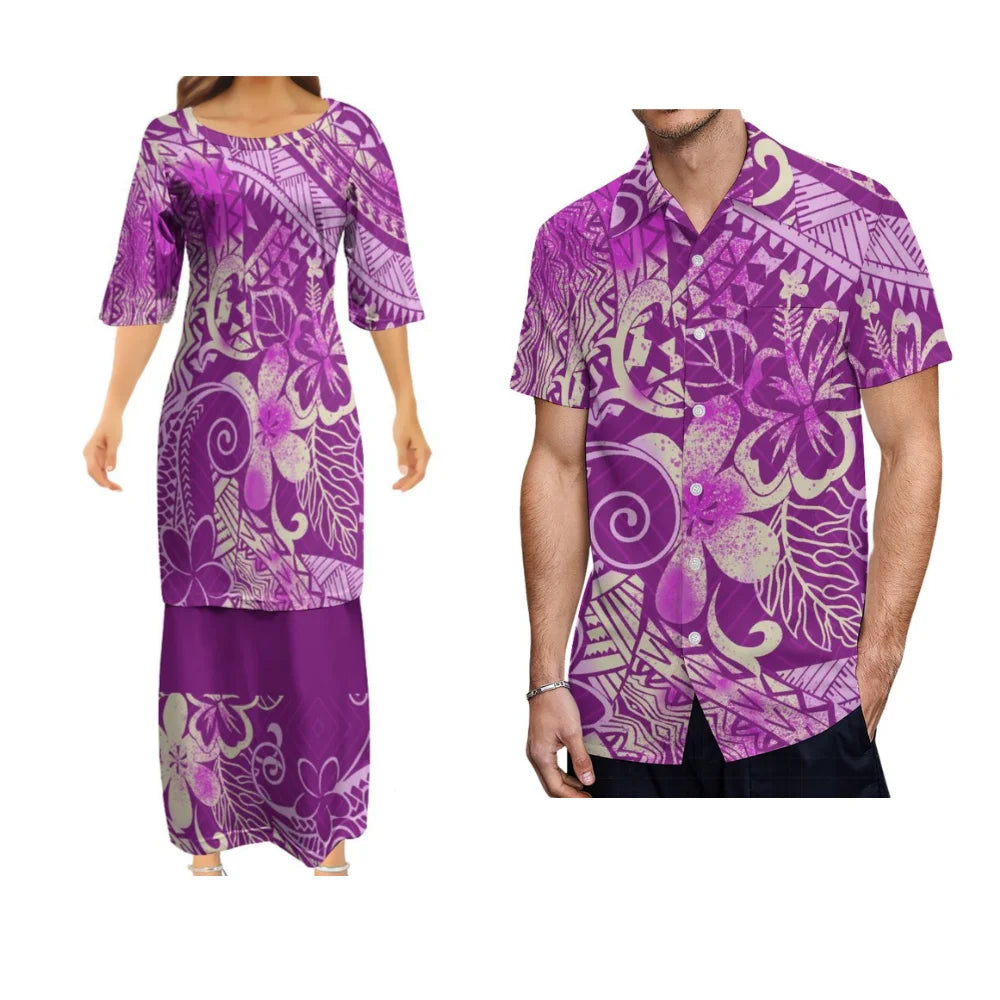 Samoan Dress Polynesian Tribal Tropical Pattern Vintage Purple Woman Puletasi Suit Dress Hawaiian Man Formal Shirt Summer Couple Set