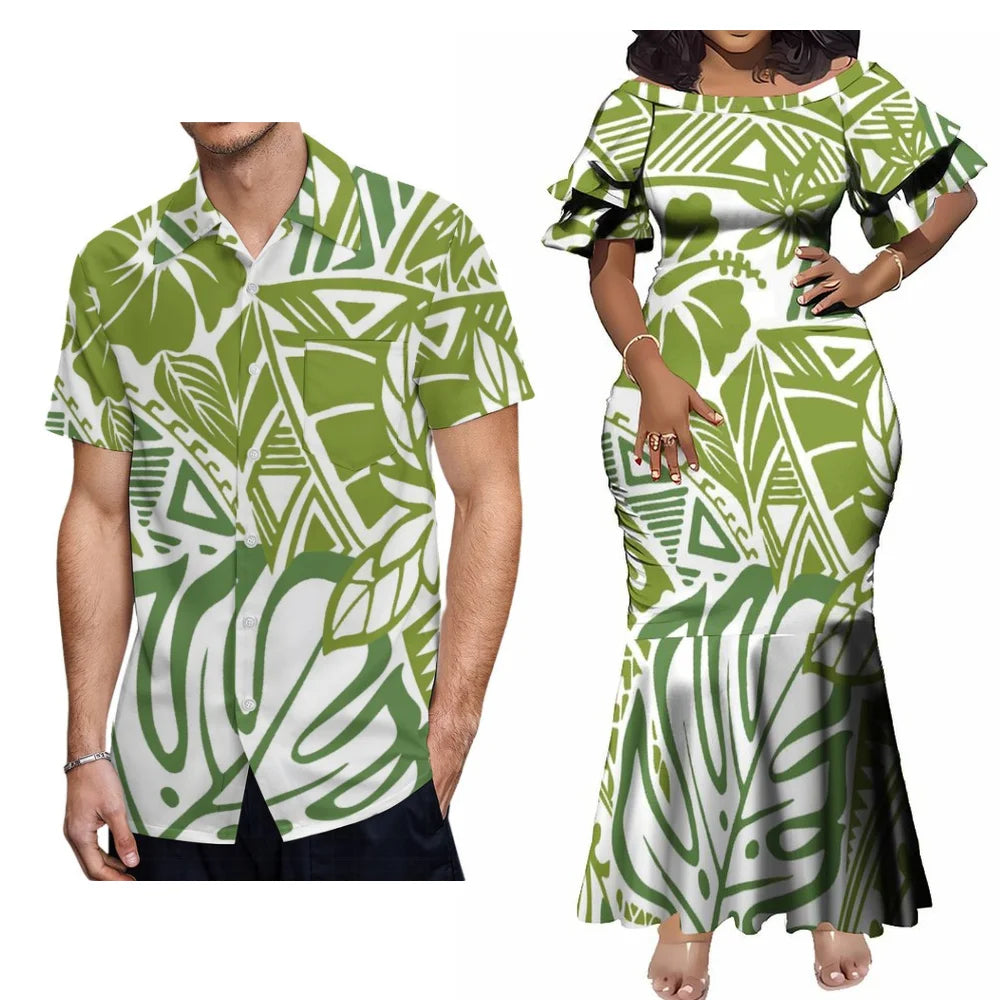 Polynesian Samoa Tropical Matching Outfit For Couple Ethnic Leaf Pattern Women's Short-Sleeved Mermaid Dress Hawaiian Shirt