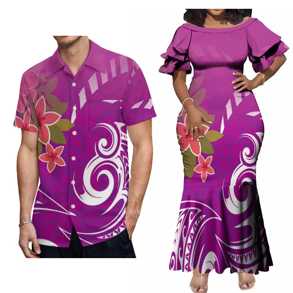 Polynesian Flowers Pattern Party Fishtail Skirt Dress And Shirt Polynesian Tribal Island Matching Outfit For Him Her