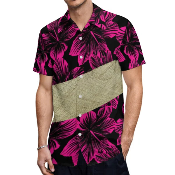 Polynesian Traditional Printed Island Flowers Pink Fishtail Dress And Hawaiian Shirt Matching Outfit For Couple Set For Him Her