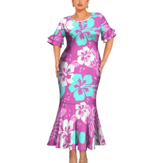 Flowers Pattern Polynesian Pink Outfit For Couple Fishtail Skirt Dress And Hawaiian Shirt
