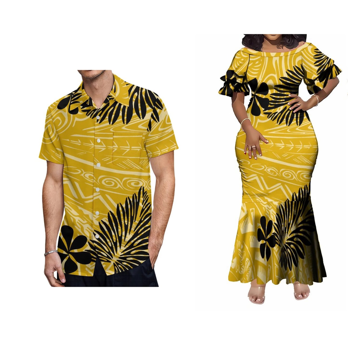 Polynesian Tribal Flowers Leaf Pattern Yellow Couple Matching Outfit For Her Him Fishtail Skirt Dress And Shirt