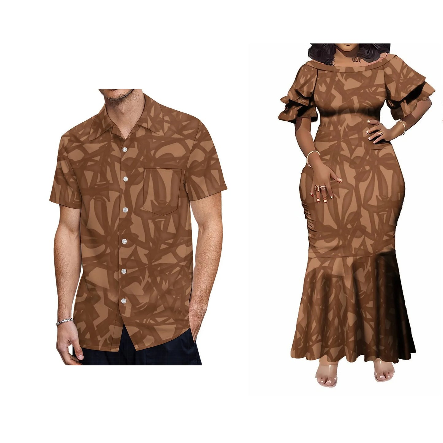 Polynesian Tribal Pattern Brown Couple Matching Outfit For Her Him Fishtail Skirt Dress And Shirt