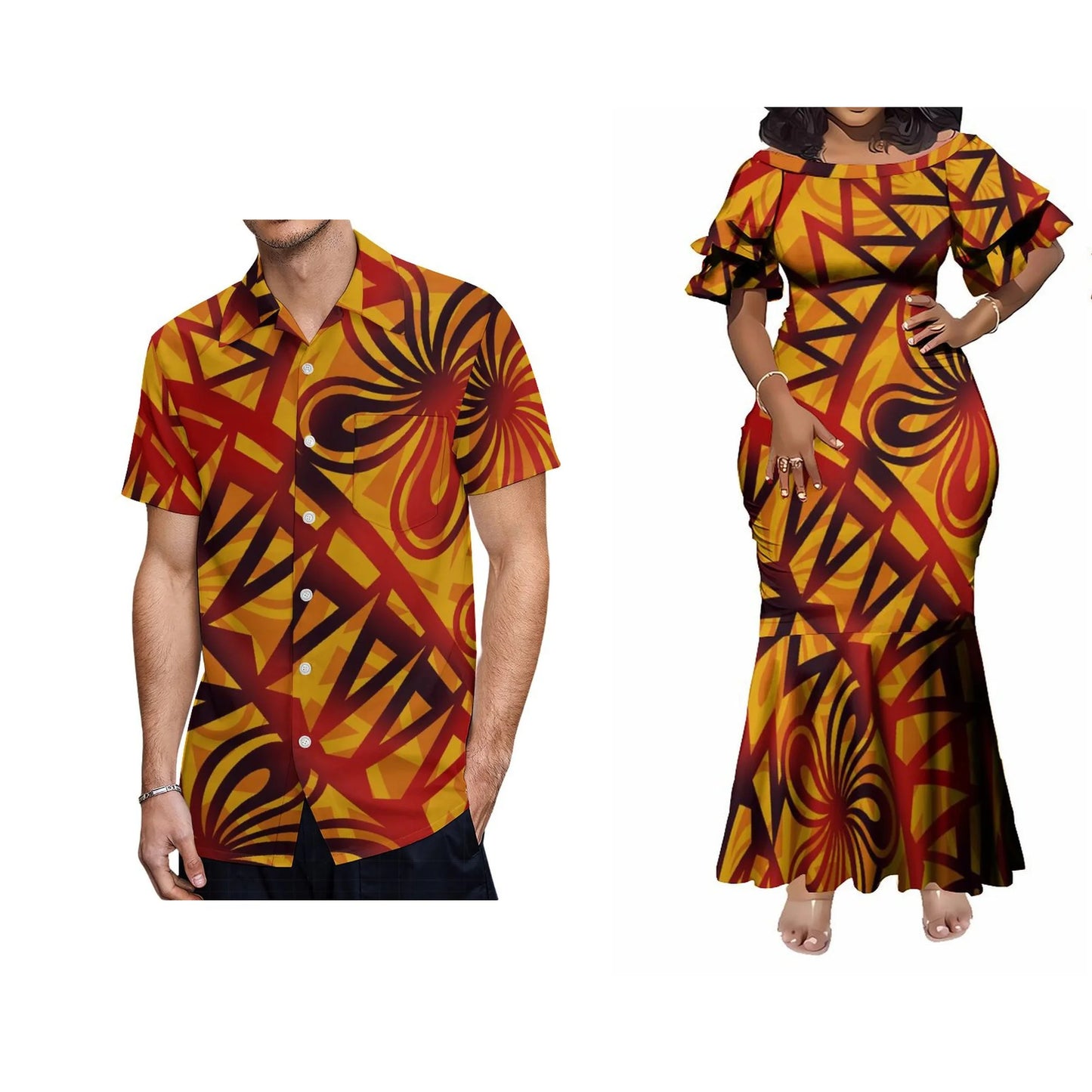 Polynesian Flowers Pattern Vintage Couple Matching Outfit For Her Him Fishtail Skirt Dress And Shirt
