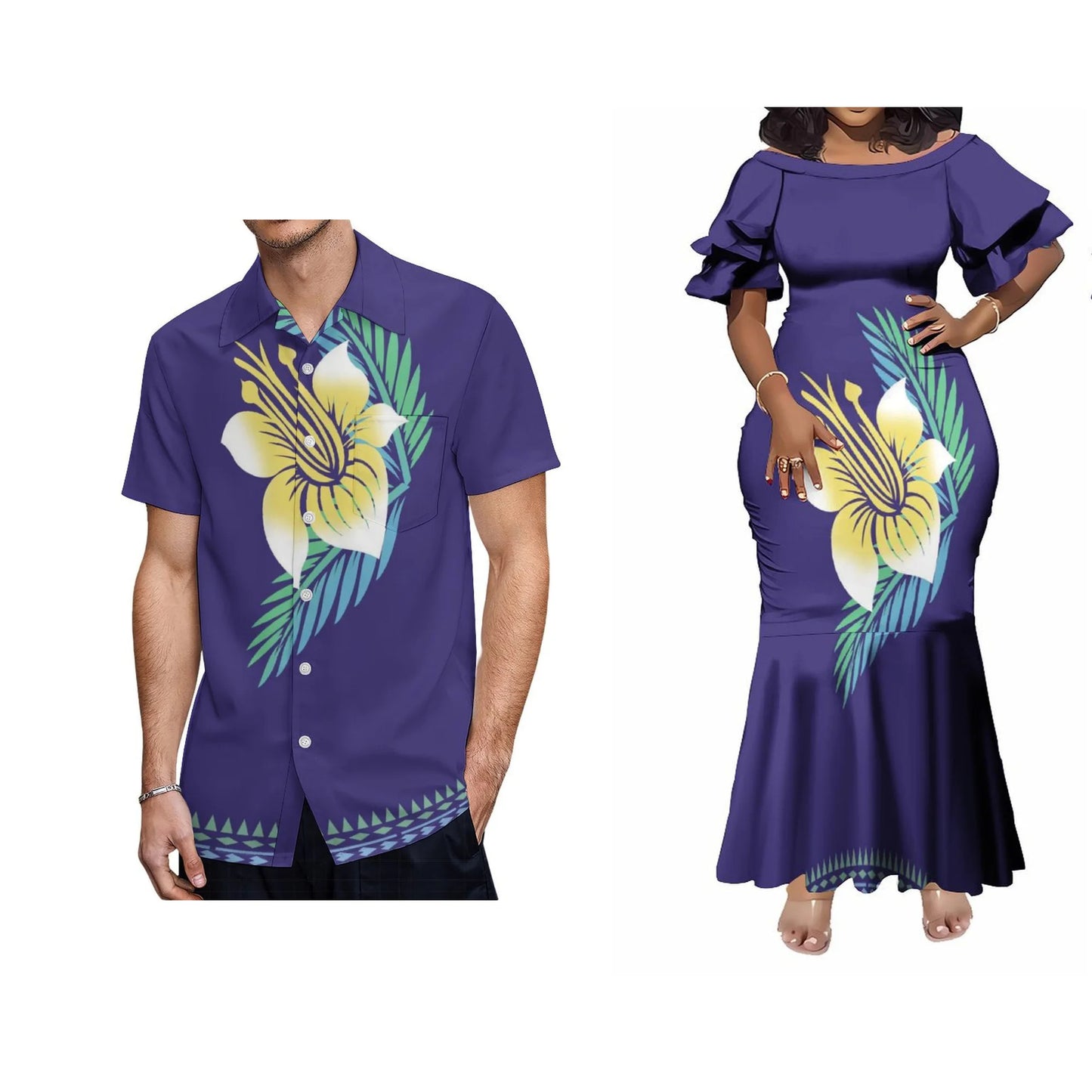 Polynesian Flowers Pattern Couple Matching Outfit For Her Him Fishtail Skirt Dress And Shirt