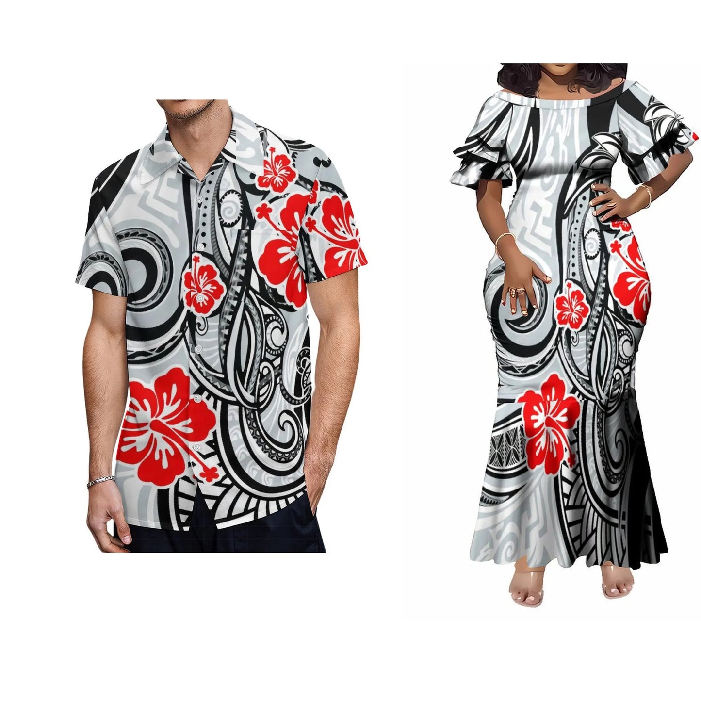 Polynesian Tribal Printed Matching Outfit For Her Him Flowers Island Fishtail Skirt Dress And Shirt
