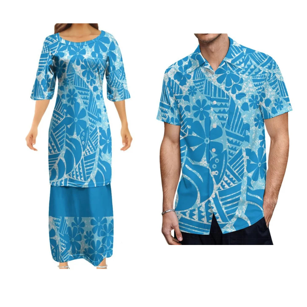 Samoan Dress Polynesian Tribal Tropical Pattern Blue Woman Puletasi Suit Dress Hawaiian Man Formal Shirt Summer Couple Set