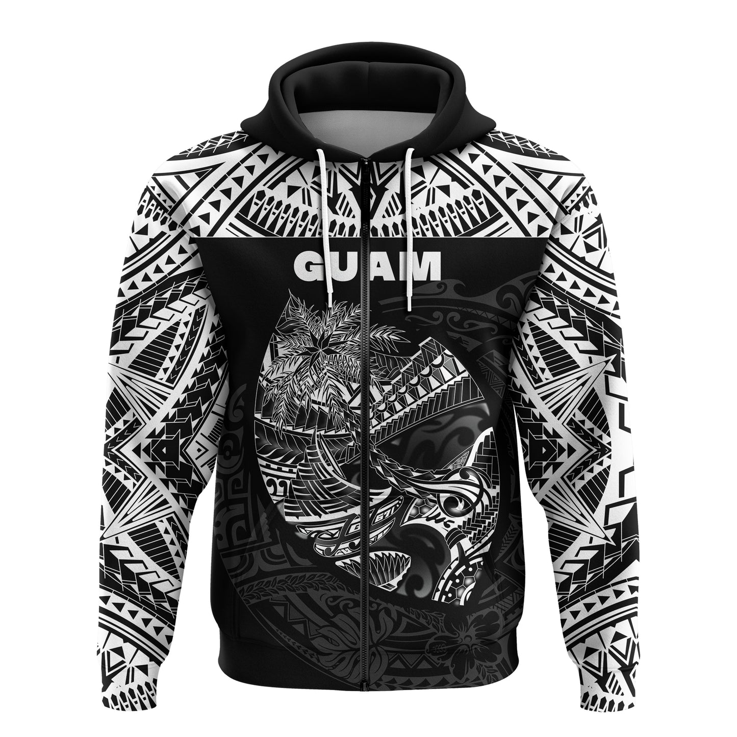 Guam Rugby Zip Hoodie Polynesian Patterns Black