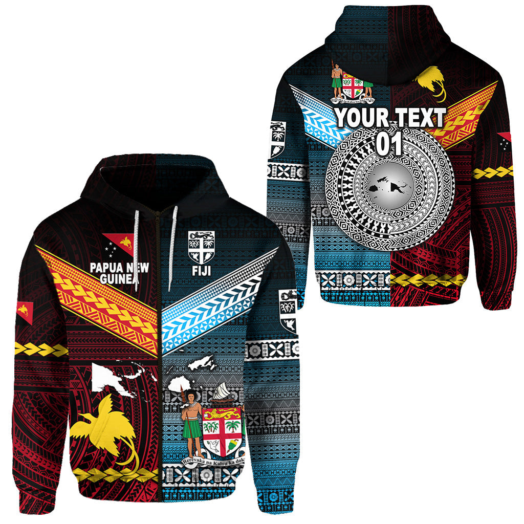 ( Personalised) Papua New Guinea Polynesian And Fiji Tapa Together Zip Hoodie Blue, Text And Number
