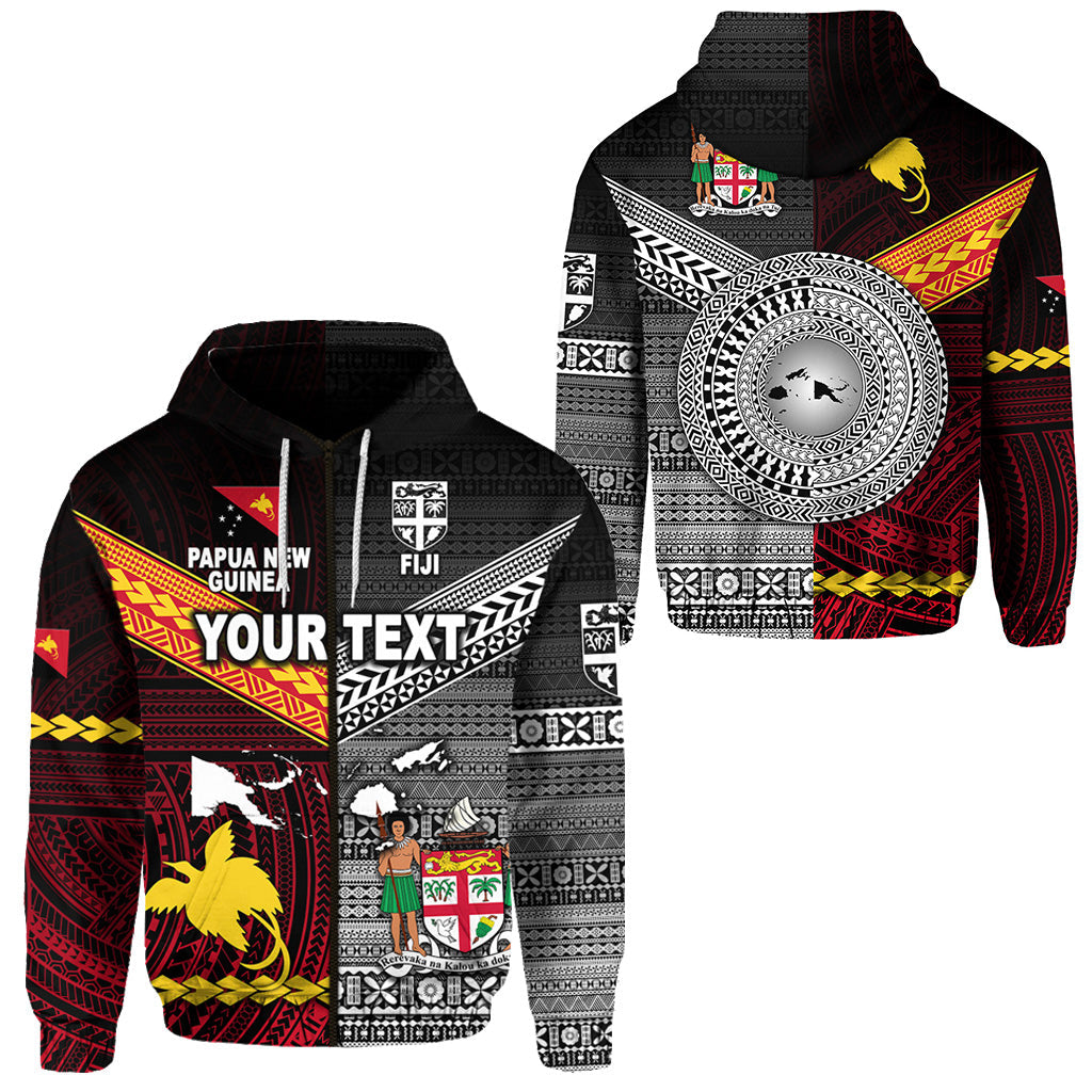 ( Personalised) Papua New Guinea Polynesian And Fiji Tapa Together Zip Hoodie Black