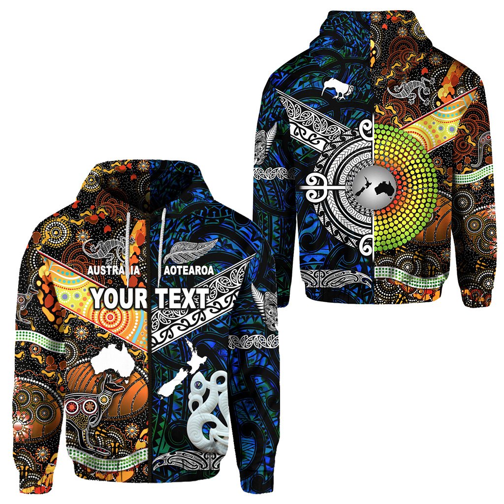( Personalised) New Zealand Maori Aotearoa And Australia Aboriginal Zip Hoodie Together Blue