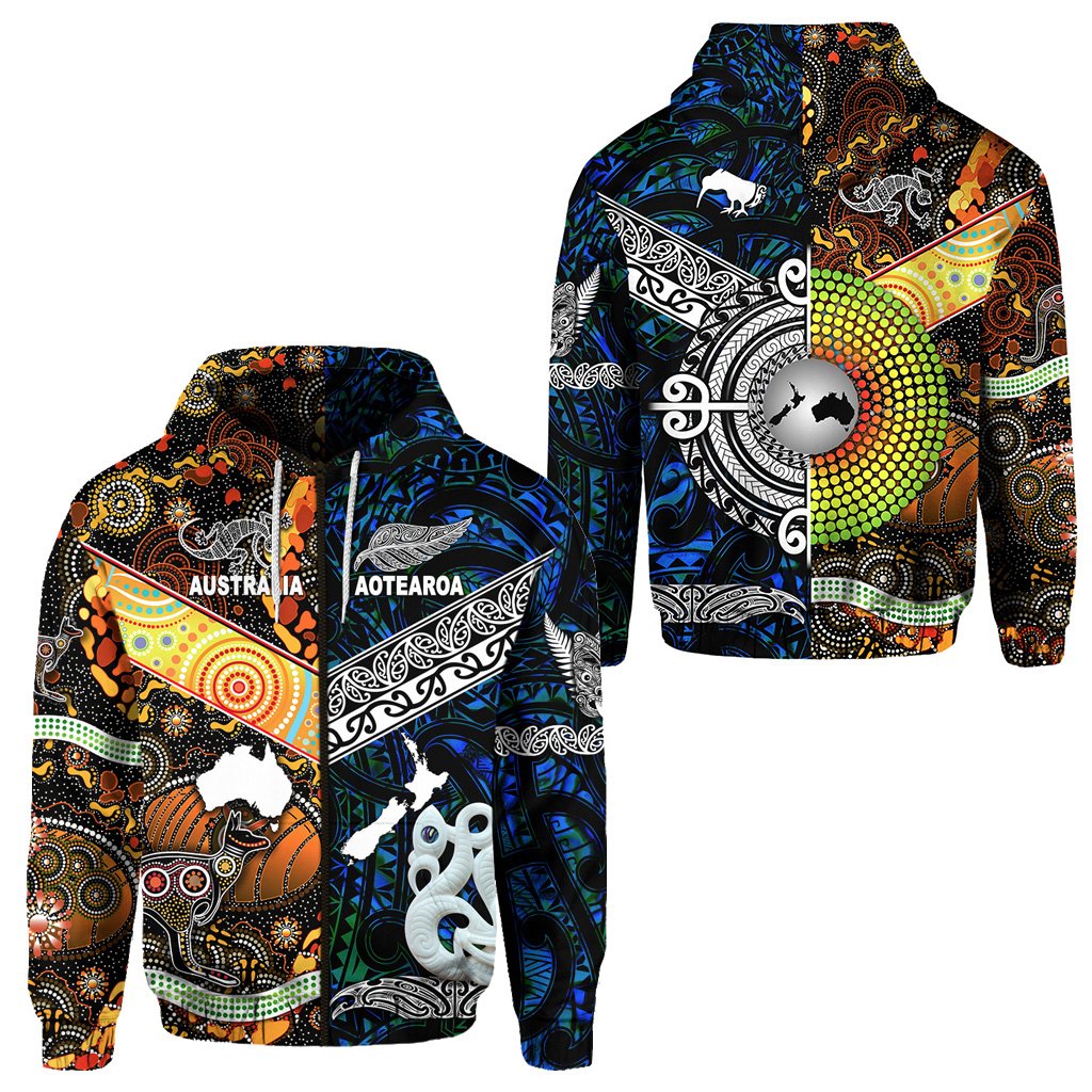 New Zealand Maori Aotearoa And Australia Aboriginal Zip Hoodie Together Blue