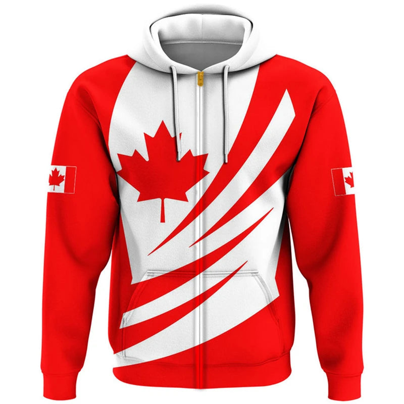 Red Canada Flag Hoodie Unisex Canada Maple Leaf Zip Hoodie All Over Print