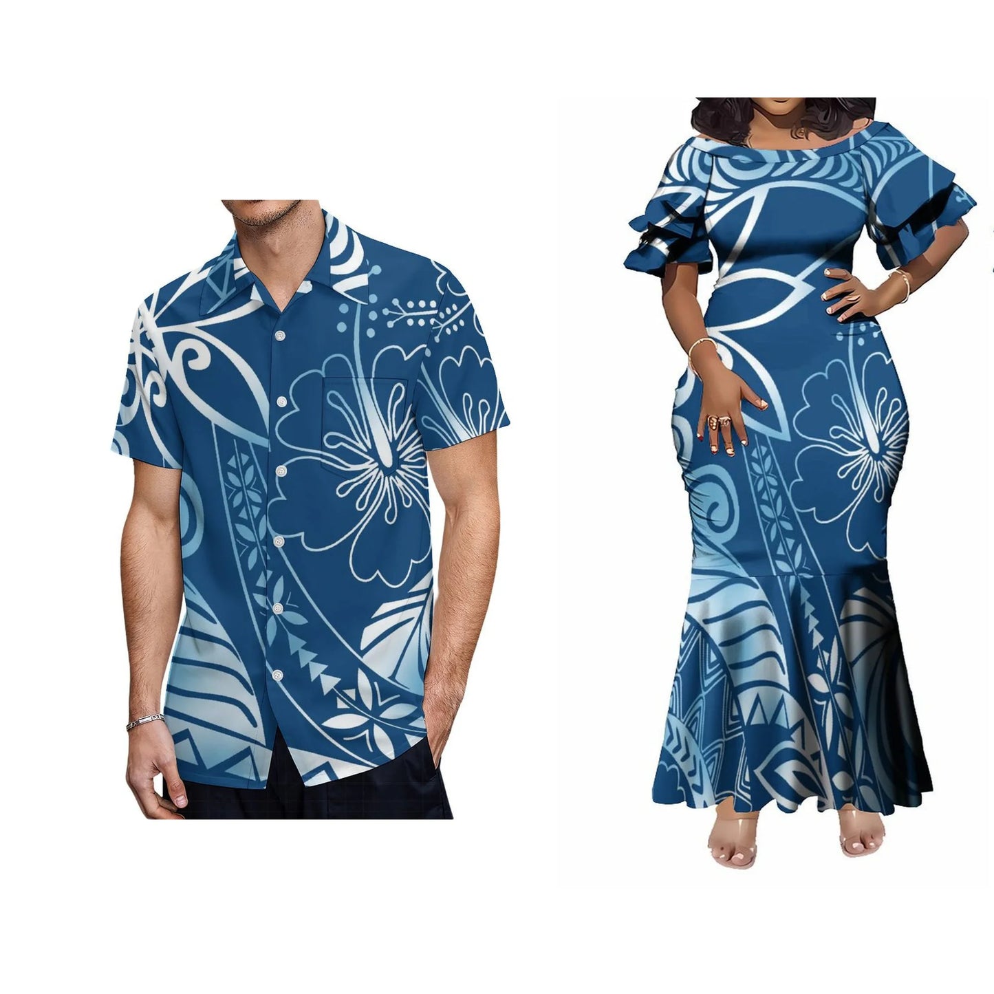 Hibiscus Flowers Blue Tropical Polynesian Tribal Traditional Matching Outfit For Coupler Island Pattern Fishtail Dress And Hawaiian Shirt For Him Her
