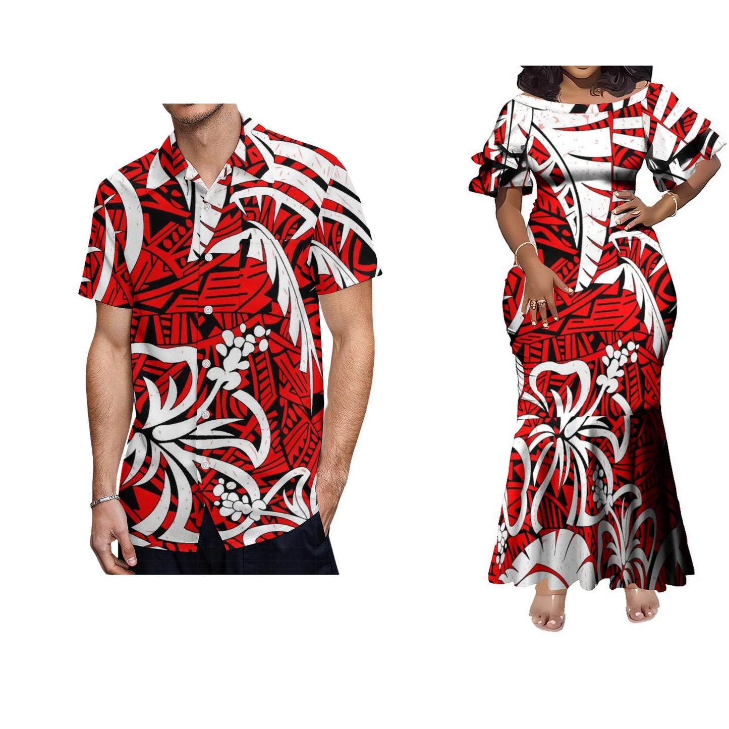 Samoa Polynesian Tribal Red Flowers Fishtail Skirt Dress And Shirt Matching Outfit For Couple