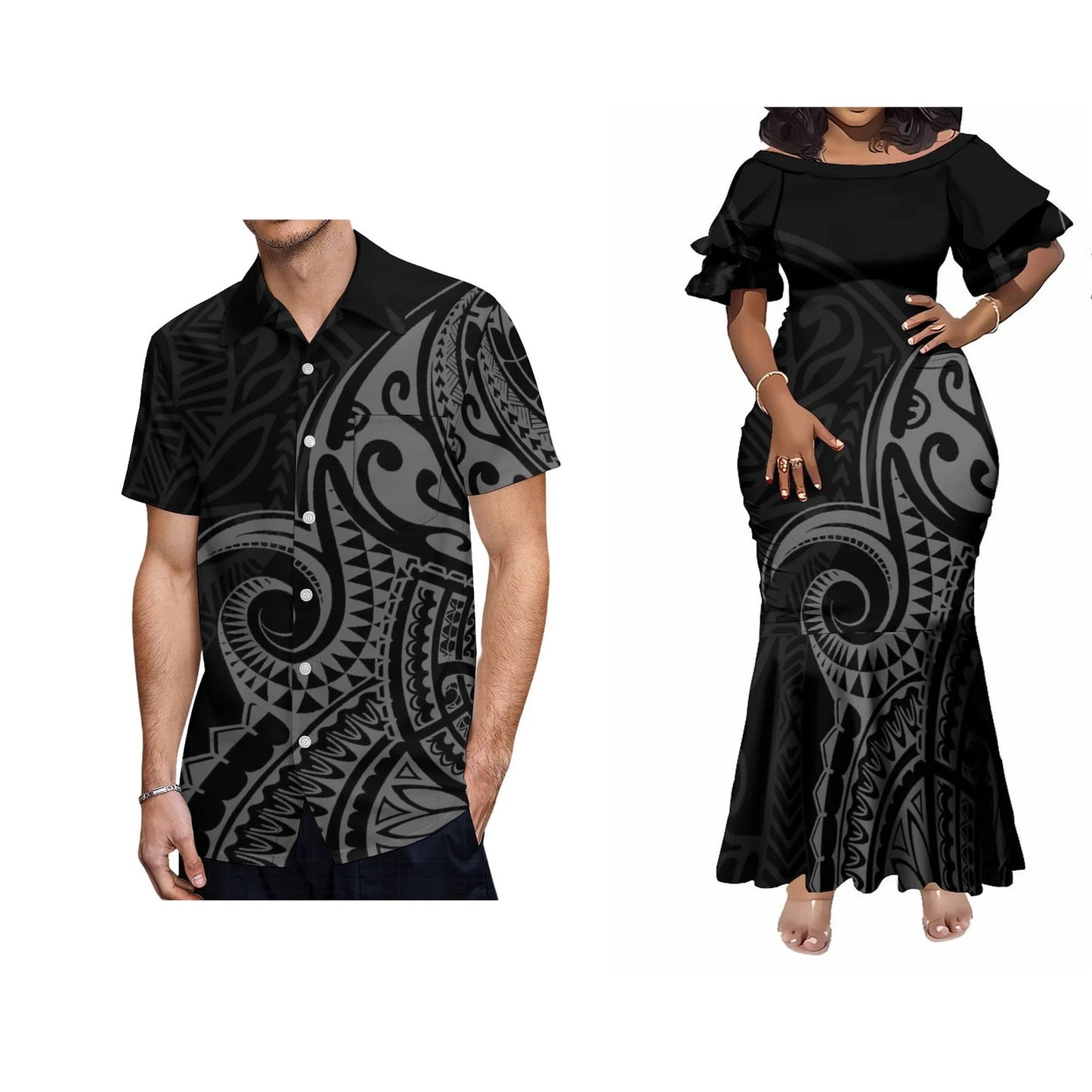 Tropical Polynesian Tribal Traditional Black Matching Outfit For Coupler Island Pattern Fishtail Dress And Hawaiian Shirt
