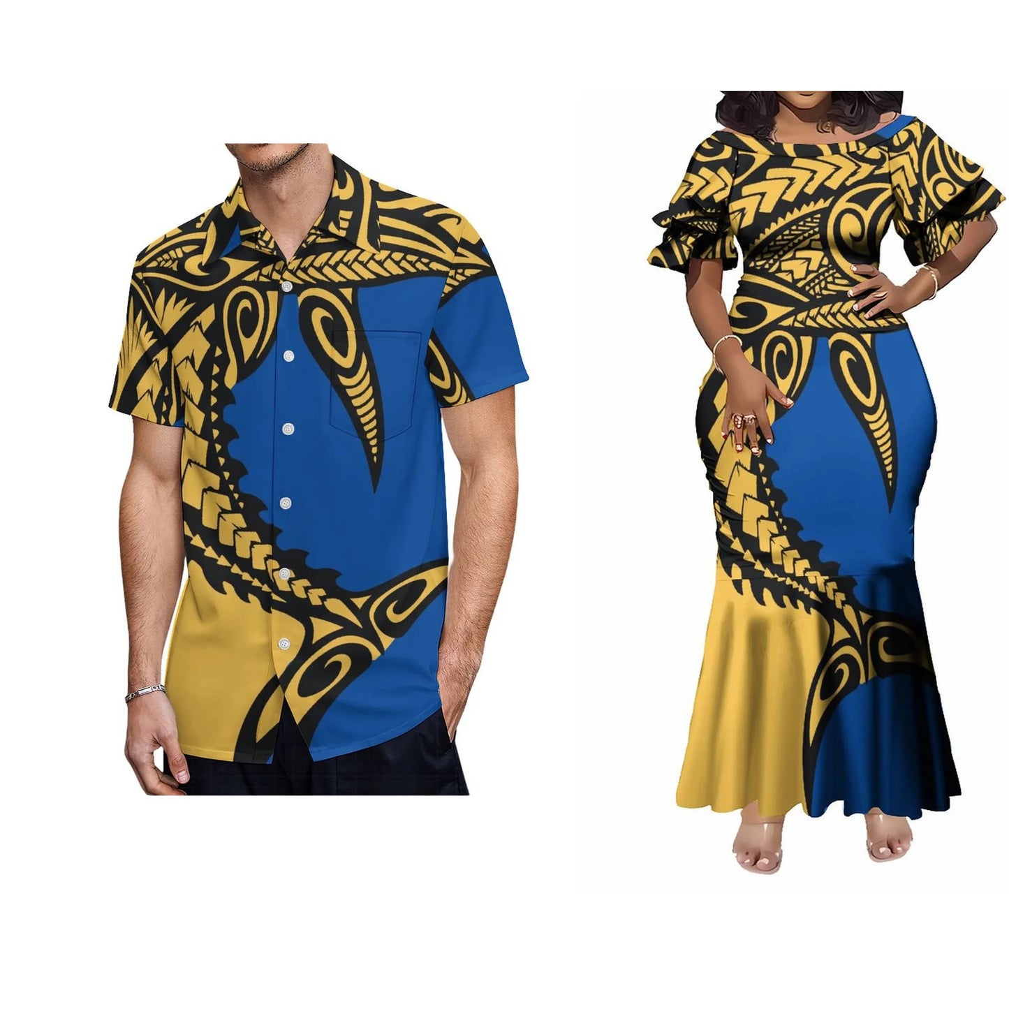 Samoa Polynesian Tribal Blue Fishtail Skirt Dress And Shirt Matching Outfit For Couple