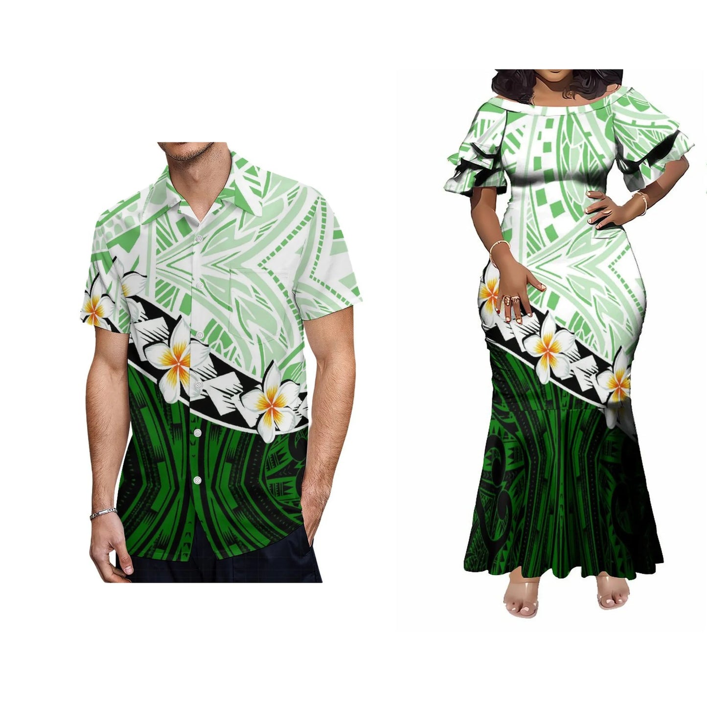 Plumeria Flowers Tropical Polynesian Tribal Traditional Matching Outfit For Coupler Island Pattern Fishtail Dress And Hawaiian Shirt For Him Her