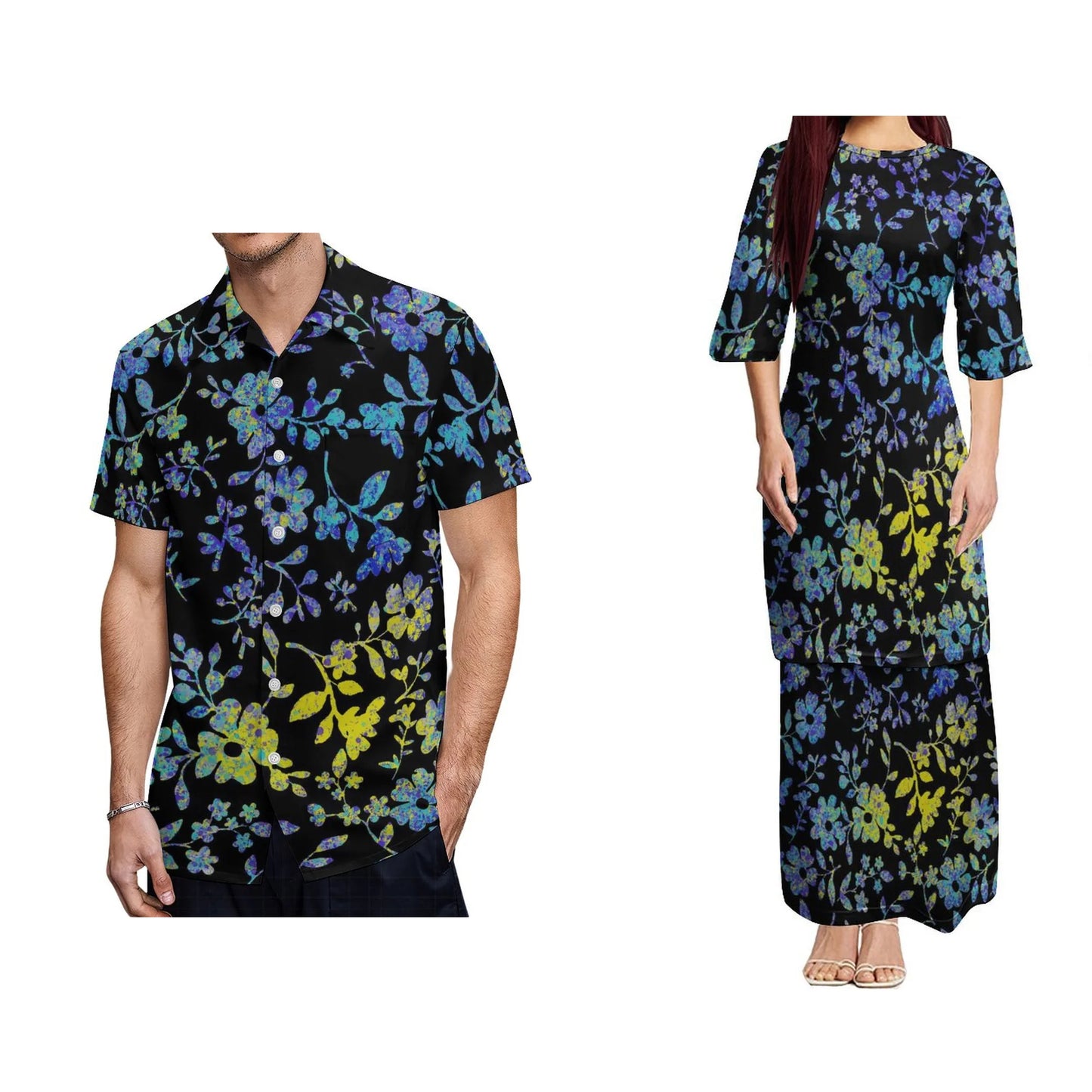 Polynesian Traditional Tribal Tropical Flower Pattern Design Couples Dress Puletasi Suit Dress Hawaiian Man Formal Shirt Summer Matching Outfit For Him Her