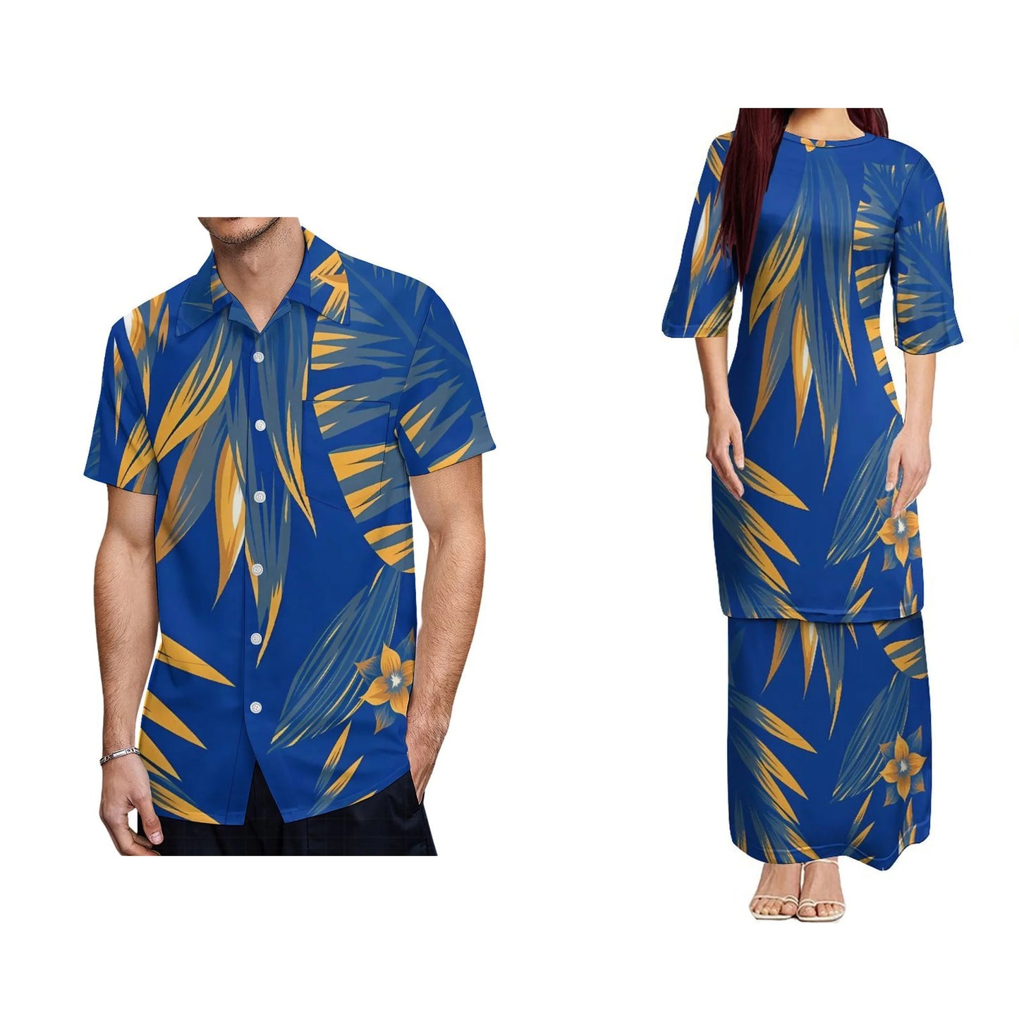 Polynesian Traditional Tribal Flowers Pattern Design Blue Couples Dress Puletasi Suit Dress Hawaiian Man Formal Shirt Summer Matching Outfit For Him Her