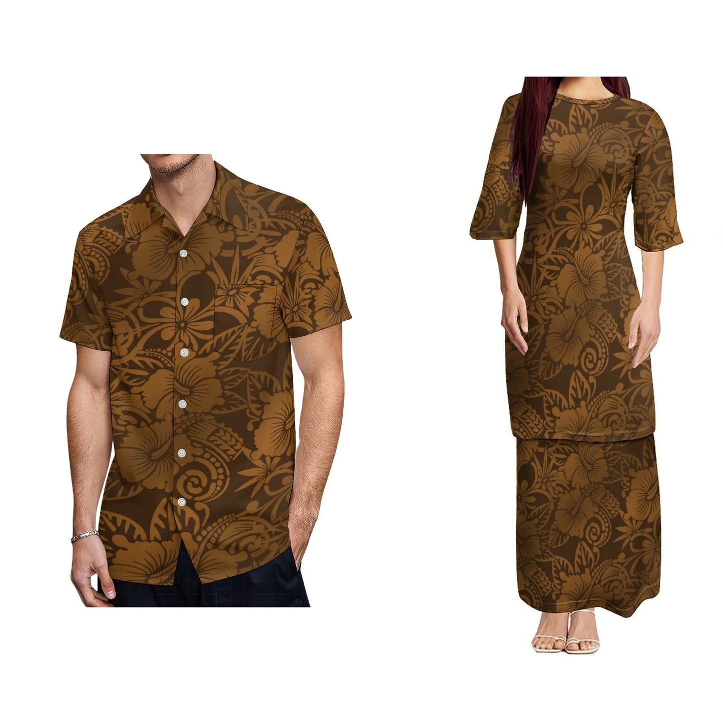 Polynesian Traditional Tropical Pattern Design Brown Couples Dress Puletasi Suit Dress Hawaiian Man Formal Shirt Summer Matching Outfit For Him Her