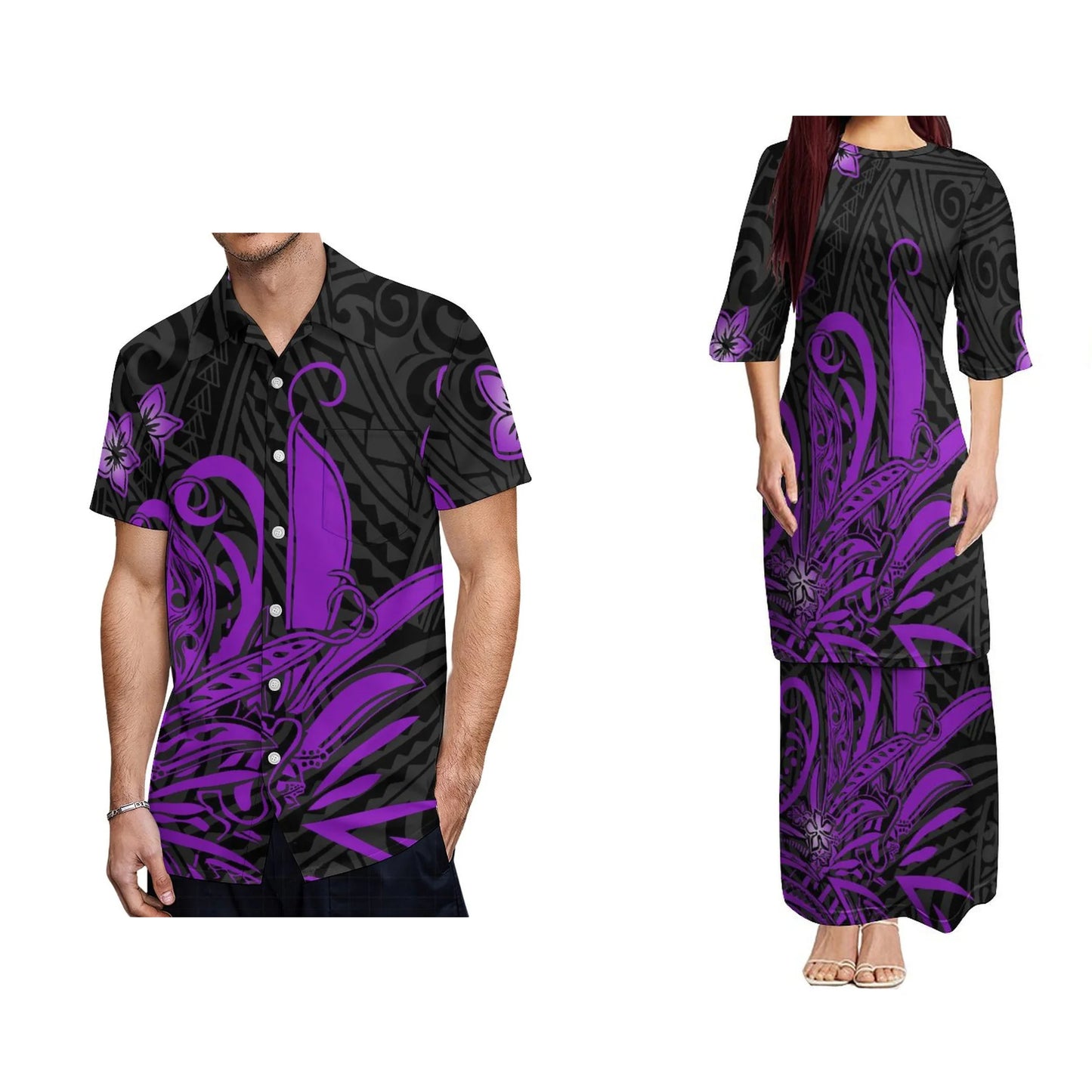 Polynesian Traditional Tribal Tropical Pattern Design Black Couples Dress Puletasi Suit Dress Hawaiian Man Formal Shirt Summer Matching Outfit For Him Her