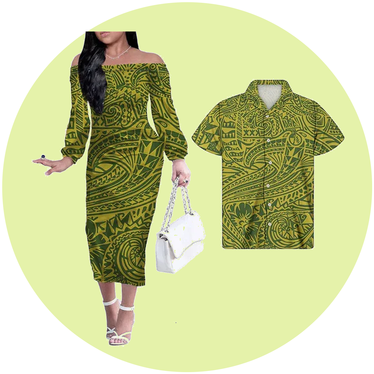 Combo Off Shoulder Body Long Dress and Long Hawaii Shirt