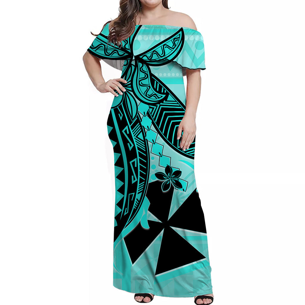 Wallis et Futuna Off Shoulder Long Dress Version Luxurious Blue
